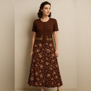 Jaclyn Smith Vintage Floral Two-Piece Set Brown Top M Maxi Skirt L Cottagecore